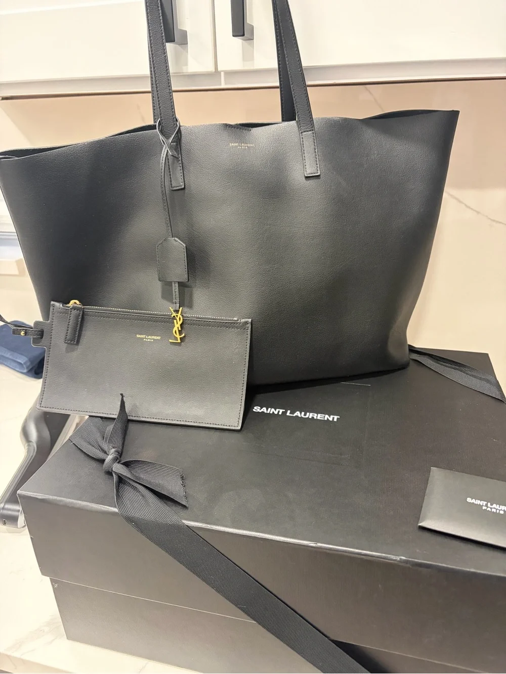 Saint Laurent Black Leather Tote with Detachable Pouch and Gold Hardware